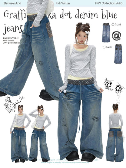BETWEENAND Graffiti Polka Dot Patch Washed Pleated Women&