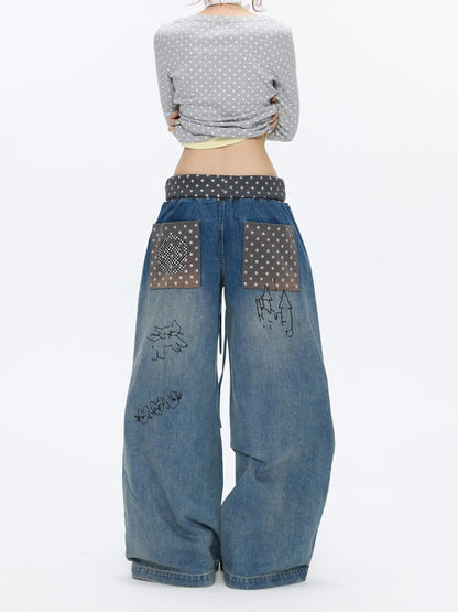 BETWEENAND Graffiti Polka Dot Patch Washed Pleated Women&