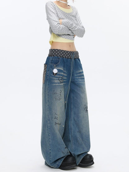 BETWEENAND Graffiti Polka Dot Patch Washed Pleated Women&