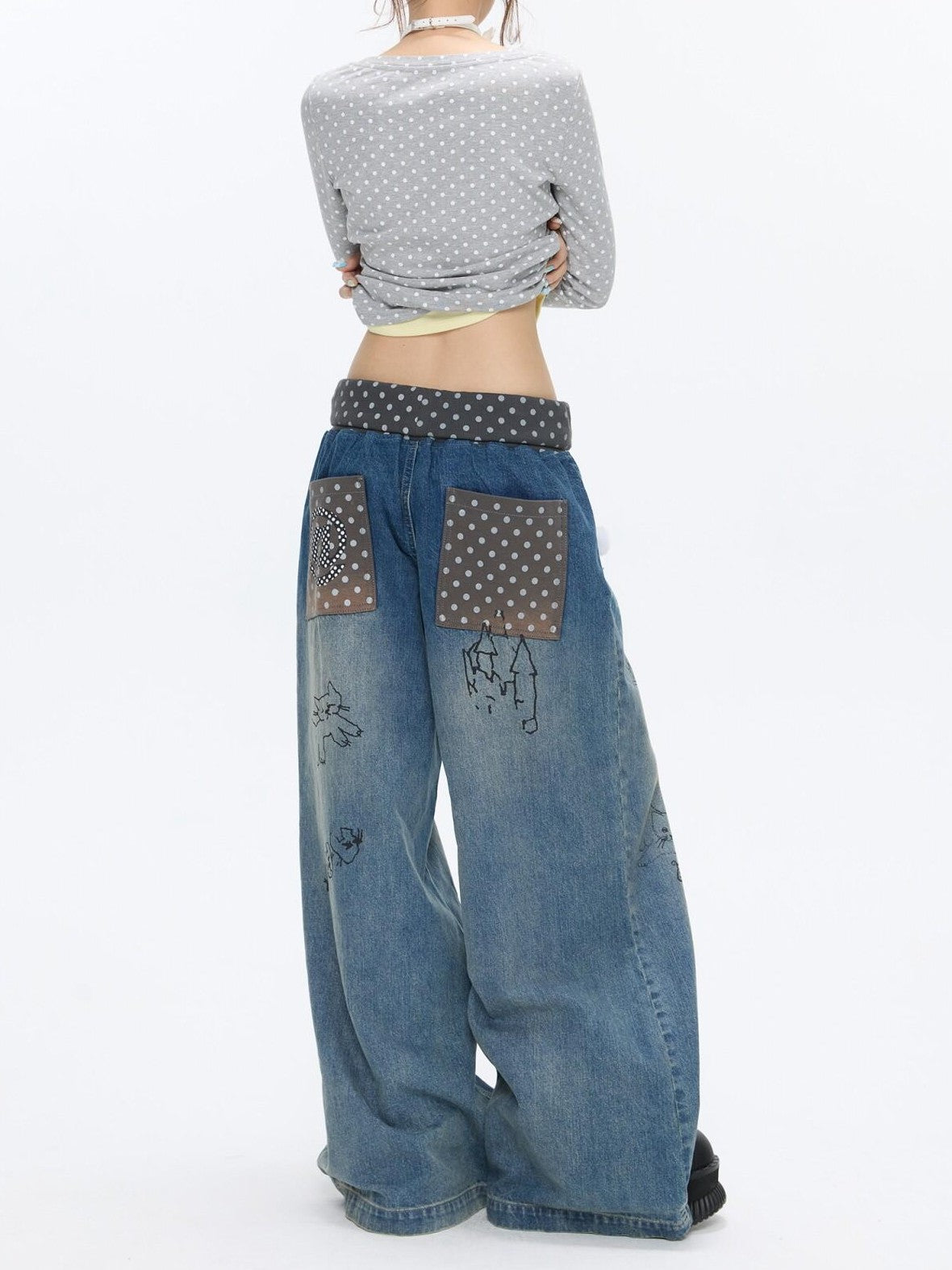 BETWEENAND Graffiti Polka Dot Patch Washed Pleated Women&