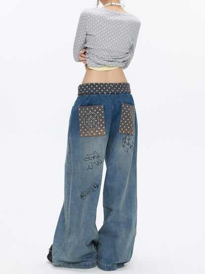 BETWEENAND Graffiti Polka Dot Patch Washed Pleated Women&