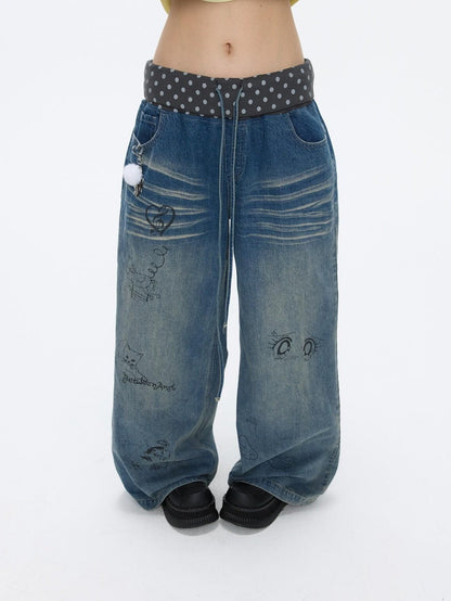 BETWEENAND Graffiti Polka Dot Patch Washed Pleated Women&