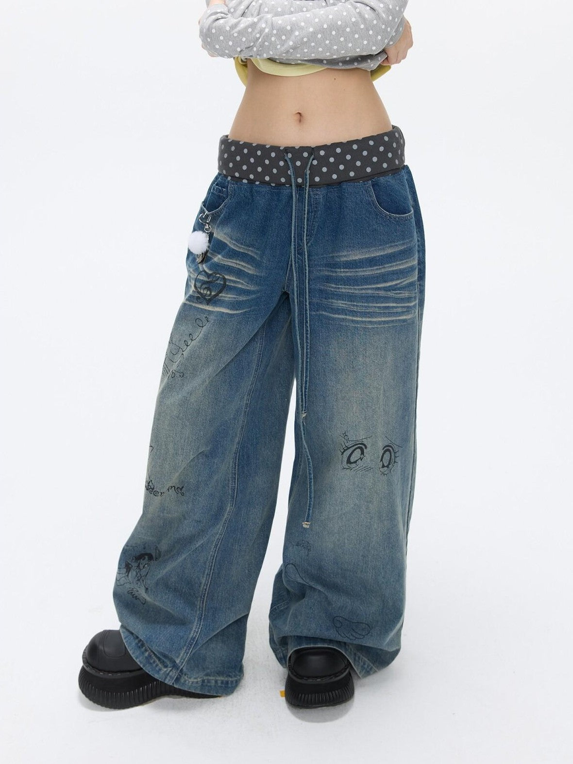 BETWEENAND Graffiti Polka Dot Patch Washed Pleated Women&