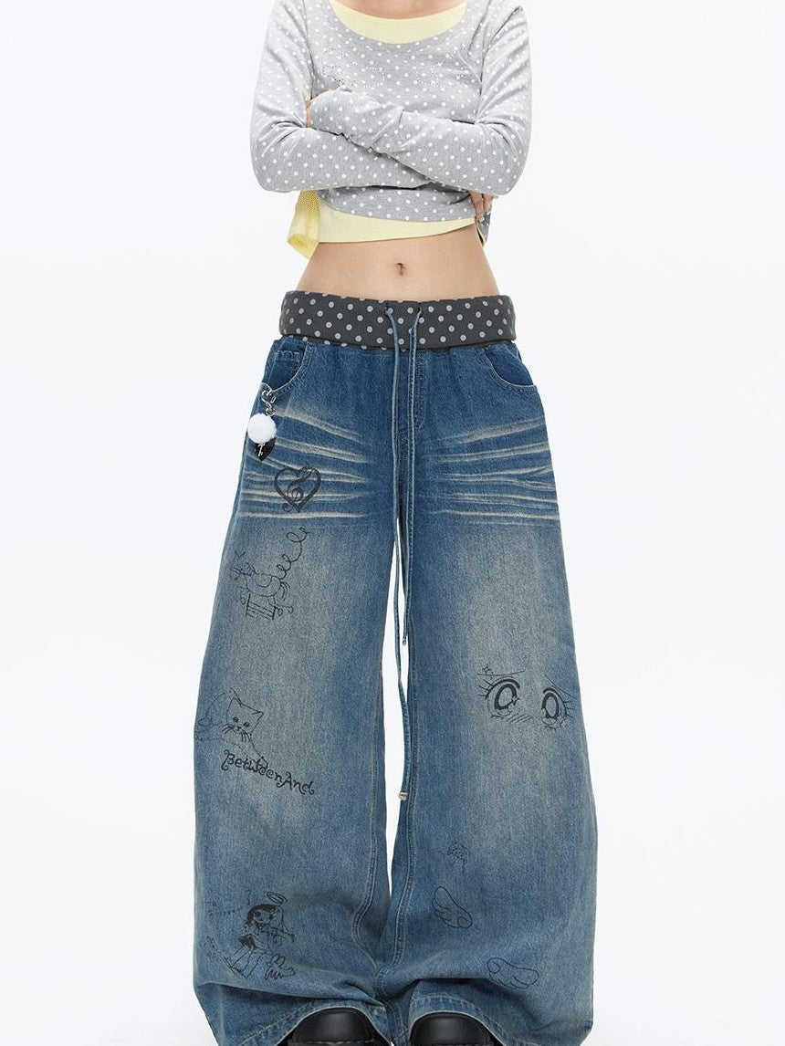 BETWEENAND Graffiti Polka Dot Patch Washed Pleated Women&