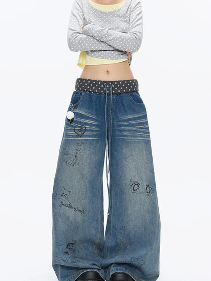 BETWEENAND Graffiti Polka Dot Patch Washed Pleated Women&
