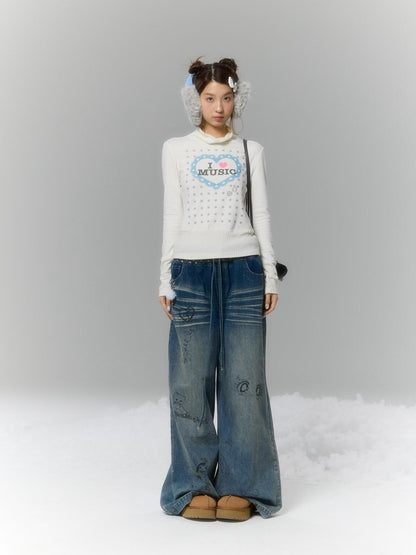 BETWEENAND Graffiti Polka Dot Patch Washed Pleated Women&