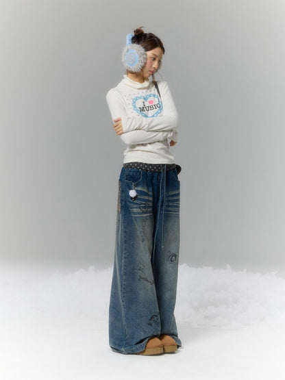 BETWEENAND Graffiti Polka Dot Patch Washed Pleated Women&