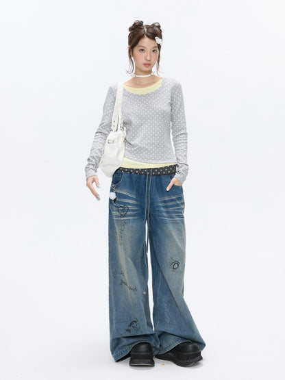 BETWEENAND Graffiti Polka Dot Patch Washed Pleated Women&