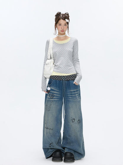 BETWEENAND Graffiti Polka Dot Patch Washed Pleated Women&