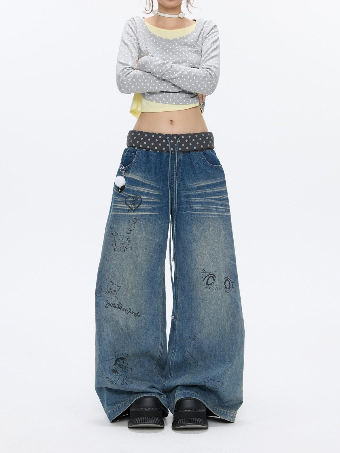 BETWEENAND Graffiti Polka Dot Patch Washed Pleated Women&