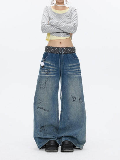 BETWEENAND Graffiti Polka Dot Patch Washed Pleated Women&