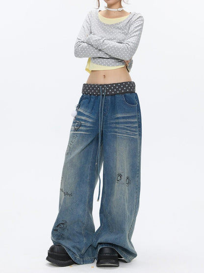 BETWEENAND Graffiti Polka Dot Patch Washed Pleated Women&