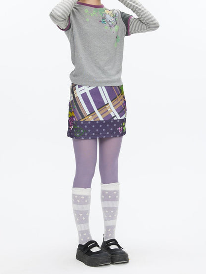 BETWEENAND Grape Purple Polka Dot Plaid Thick Bodycon Women&