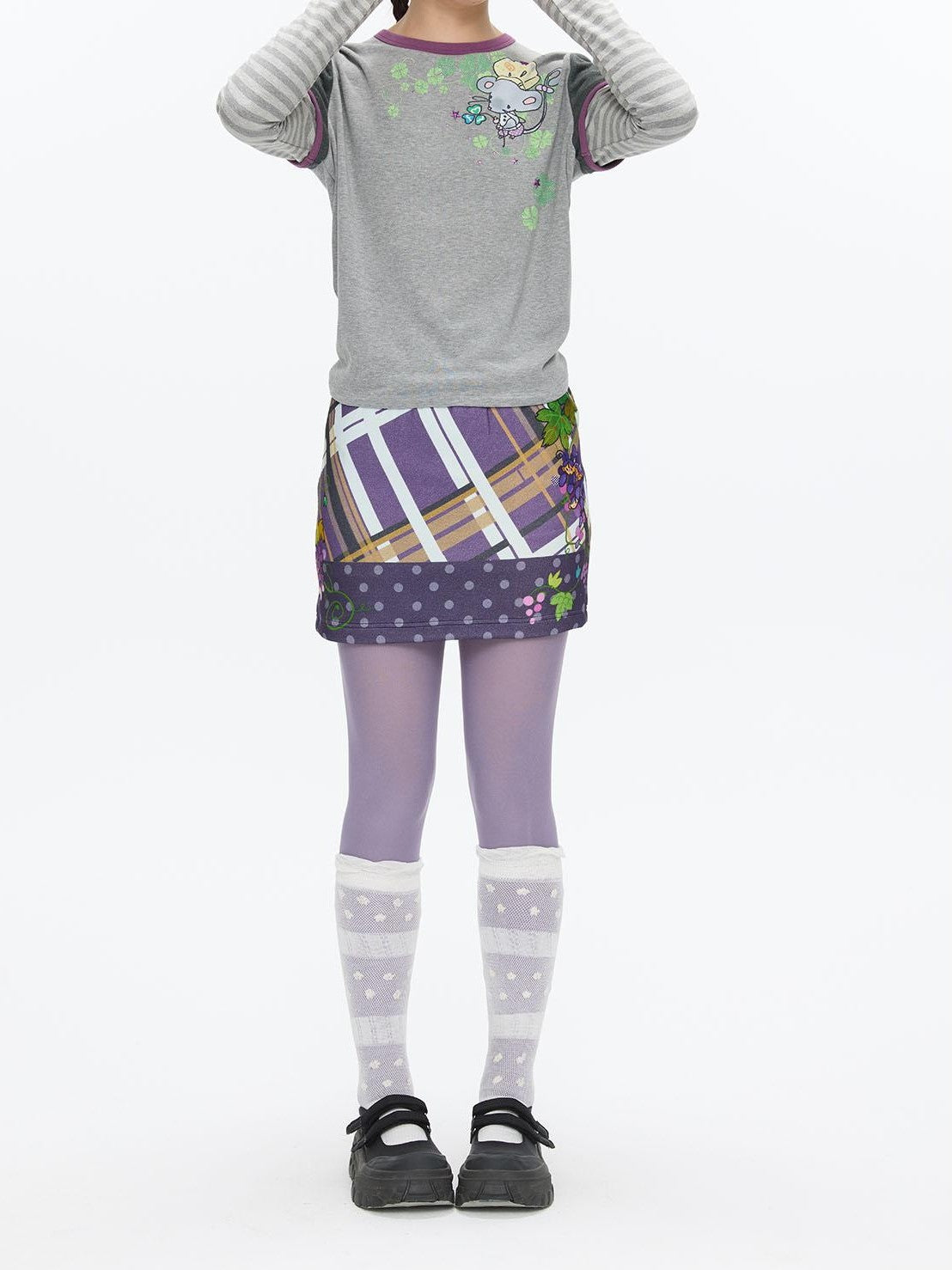 BETWEENAND Grape Purple Polka Dot Plaid Thick Bodycon Women&