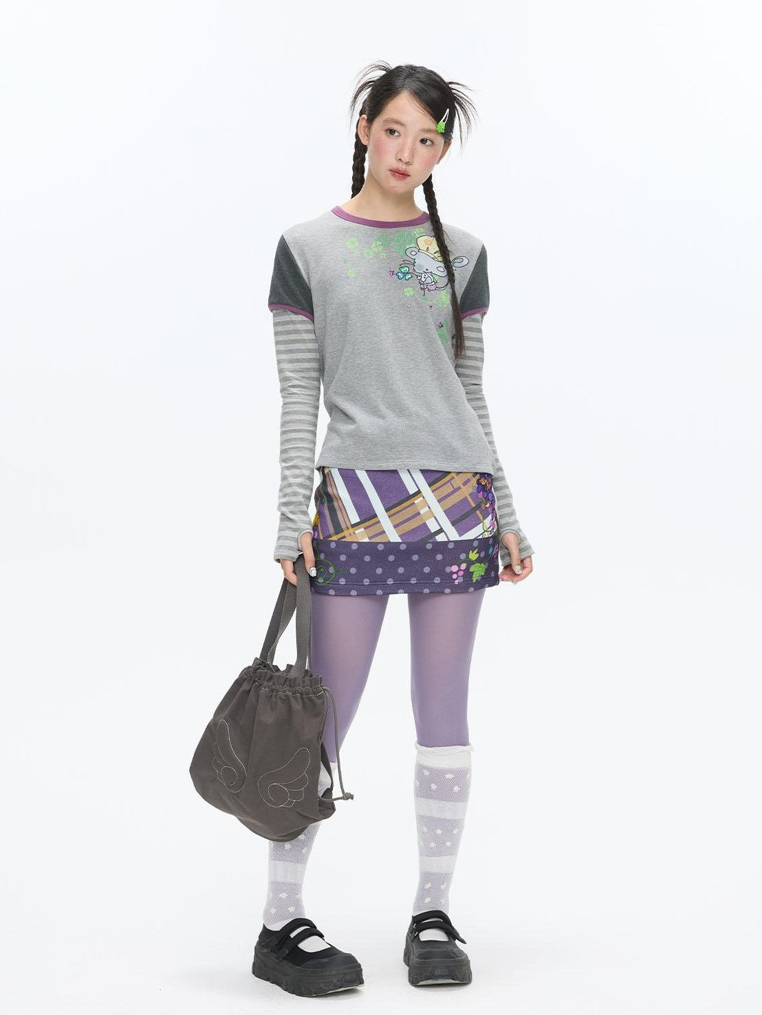 BETWEENAND Grape Purple Polka Dot Plaid Thick Bodycon Women&