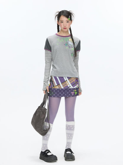 BETWEENAND Grape Purple Polka Dot Plaid Thick Bodycon Women&