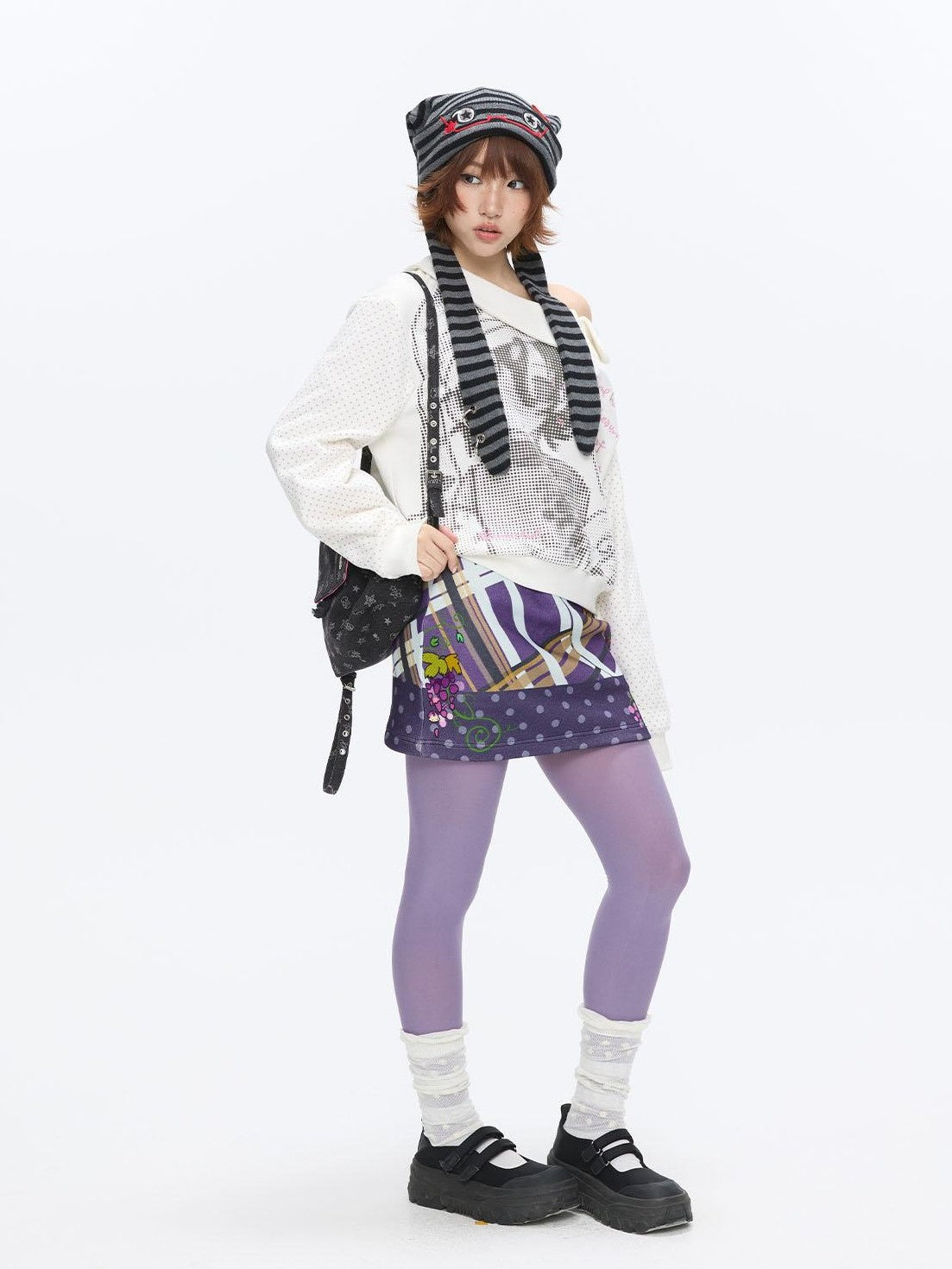 BETWEENAND Grape Purple Polka Dot Plaid Thick Bodycon Women&