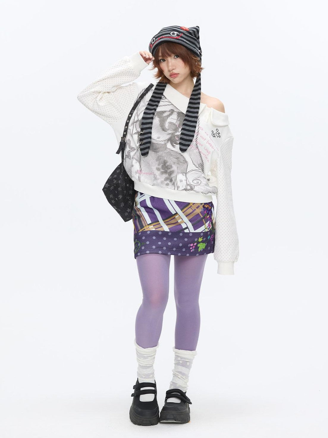 BETWEENAND Grape Purple Polka Dot Plaid Thick Bodycon Women&