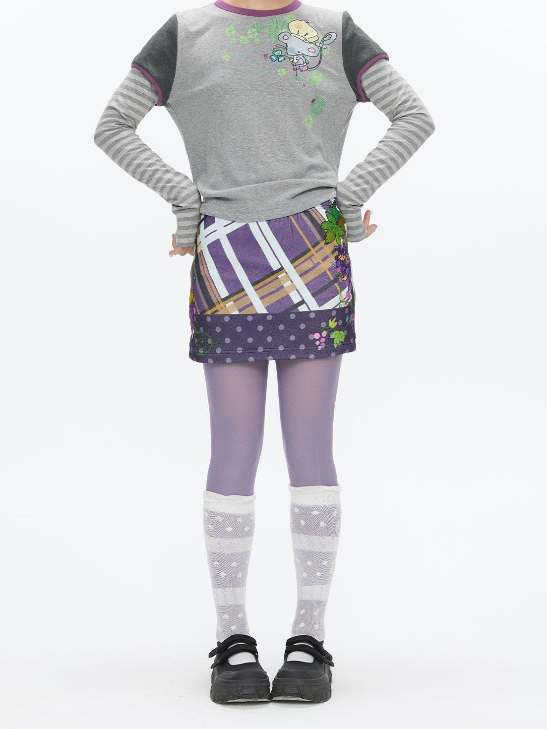 BETWEENAND Grape Purple Polka Dot Plaid Thick Bodycon Women&