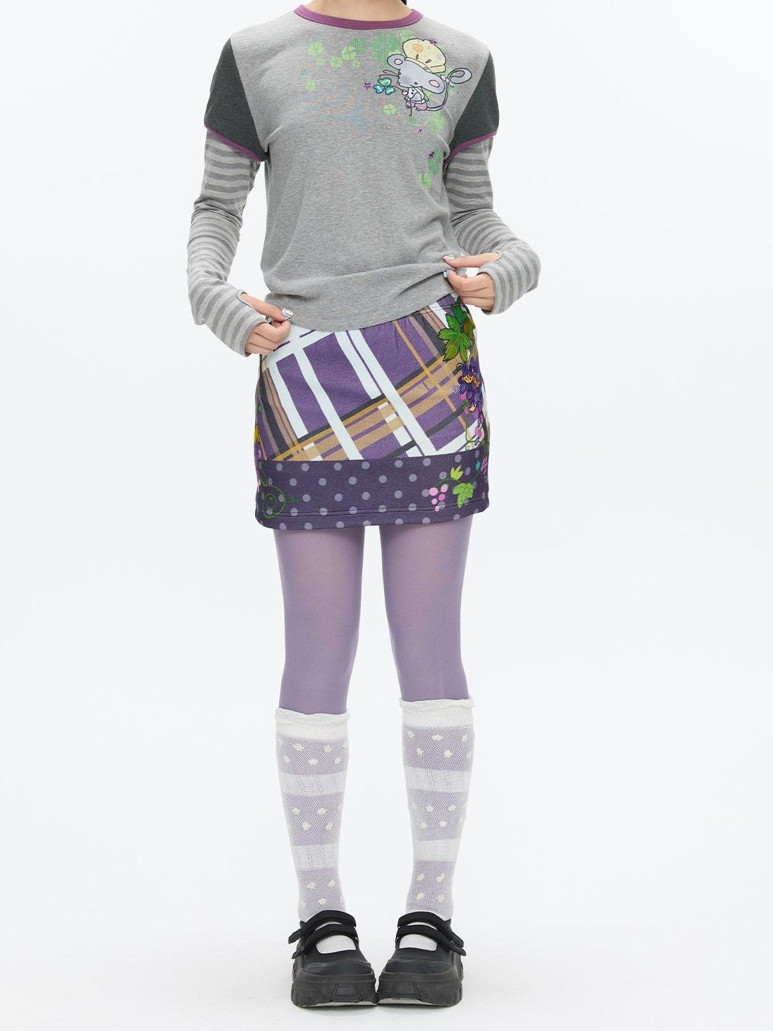 BETWEENAND Grape Purple Polka Dot Plaid Thick Bodycon Women&