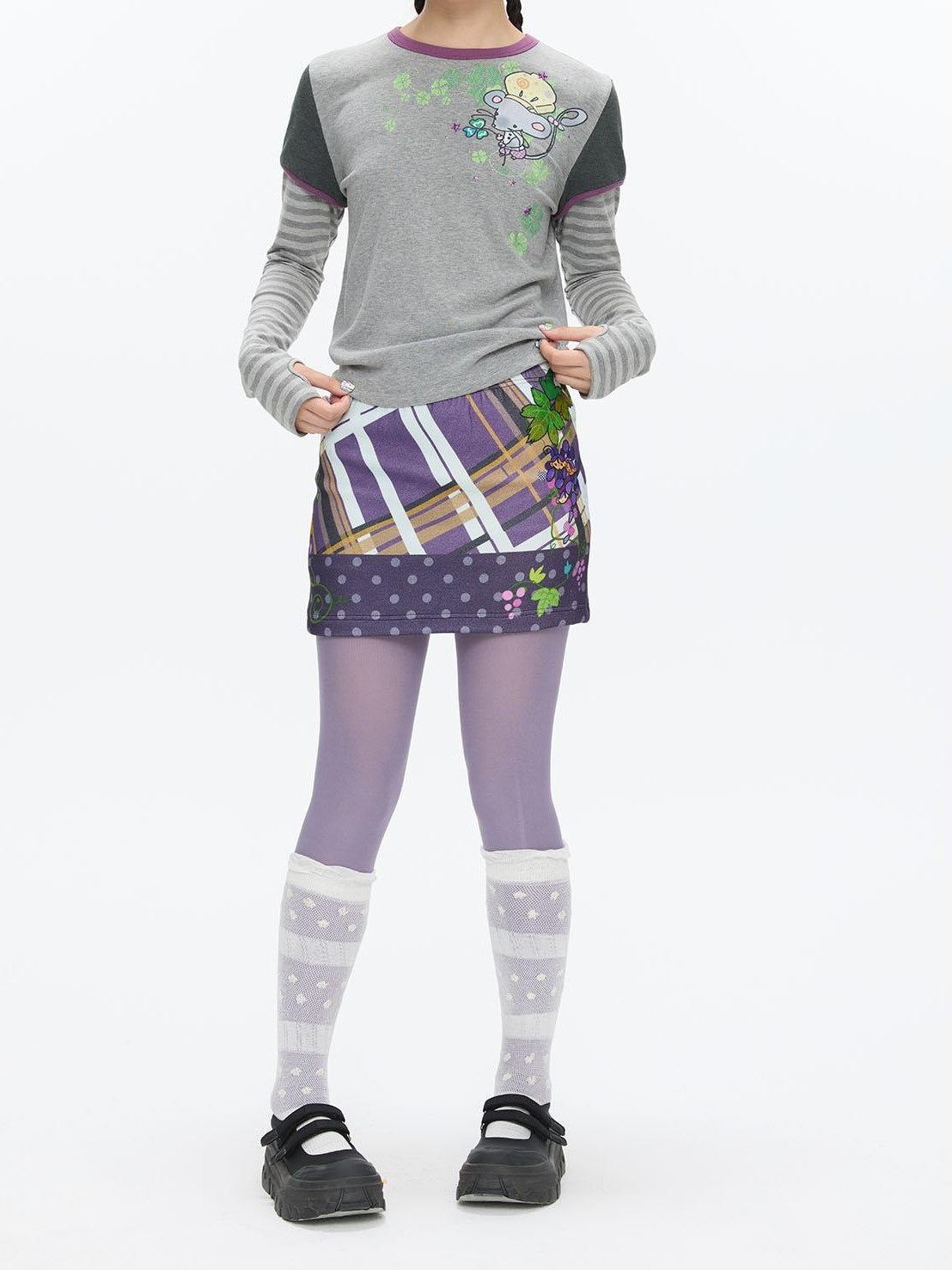 BETWEENAND Grape Purple Polka Dot Plaid Thick Bodycon Women&