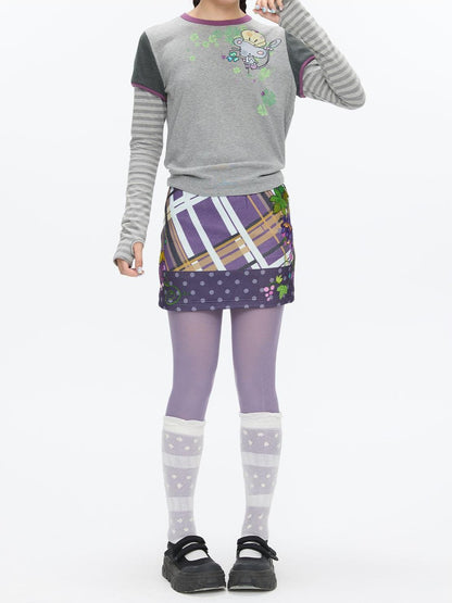 BETWEENAND Grape Purple Polka Dot Plaid Thick Bodycon Women&