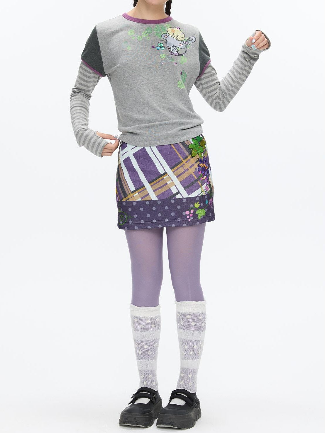 BETWEENAND Grape Purple Polka Dot Plaid Thick Bodycon Women&