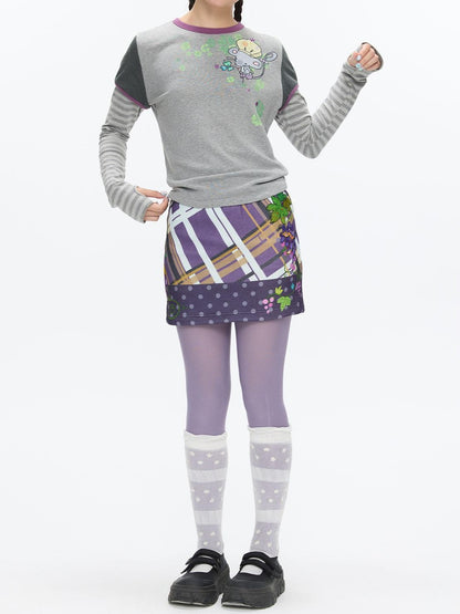 BETWEENAND Grape Purple Polka Dot Plaid Thick Bodycon Women&
