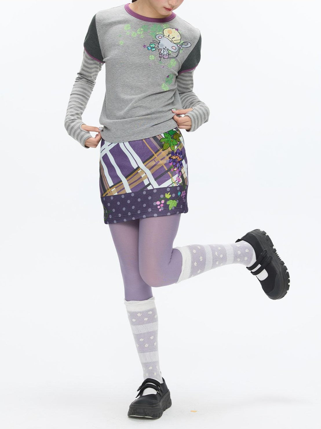 BETWEENAND Grape Purple Polka Dot Plaid Thick Bodycon Women&
