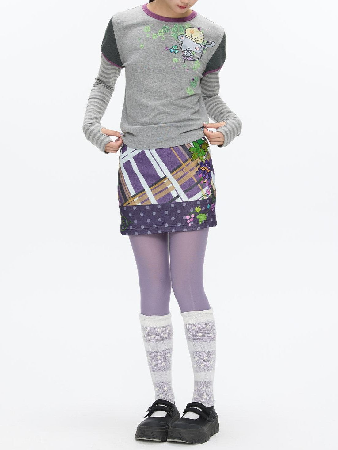 BETWEENAND Grape Purple Polka Dot Plaid Thick Bodycon Women&