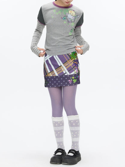 BETWEENAND Grape Purple Polka Dot Plaid Thick Bodycon Women&