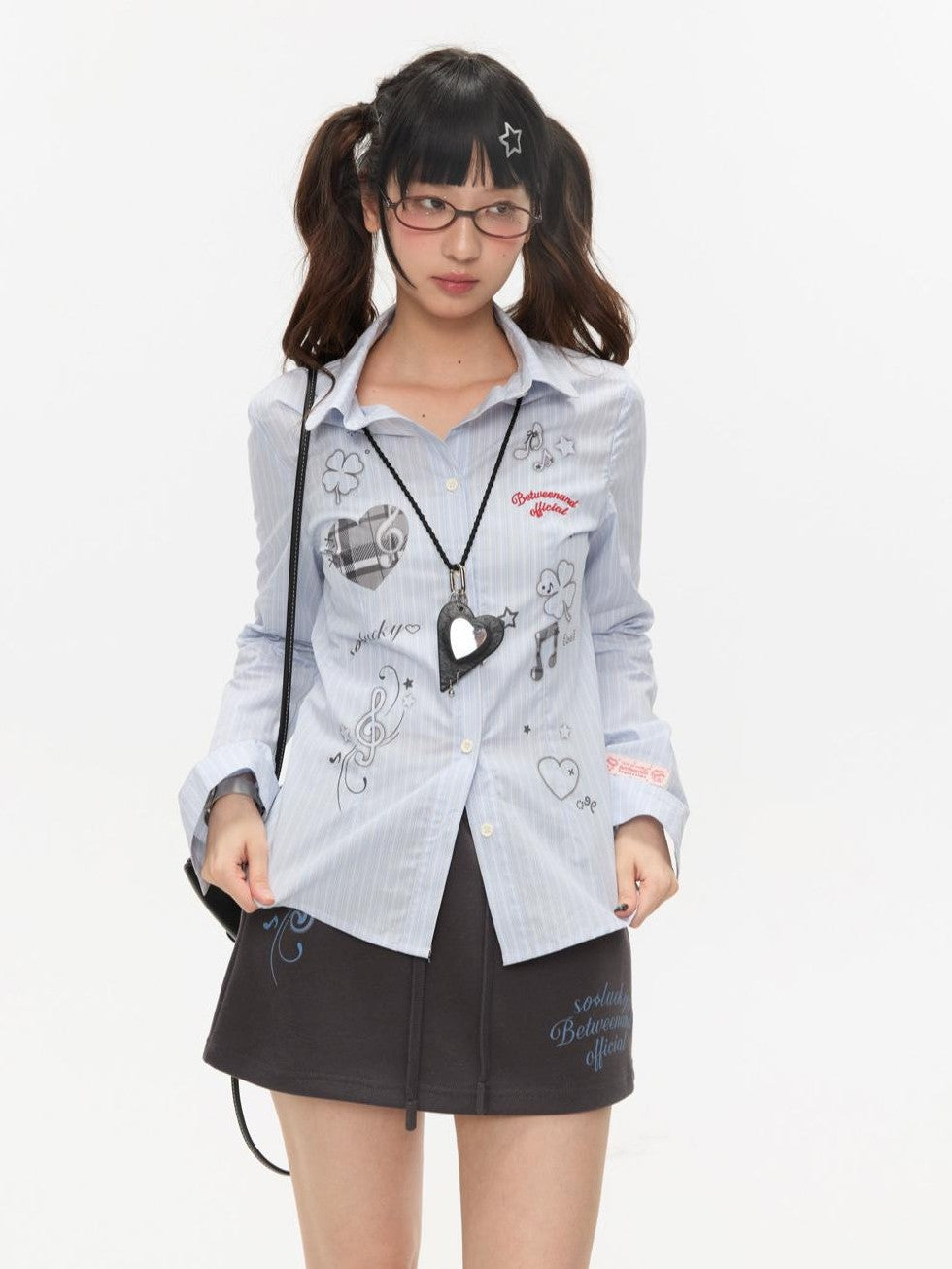 BETWEENAND Gray Casual Music Note Embroidered Print Women&