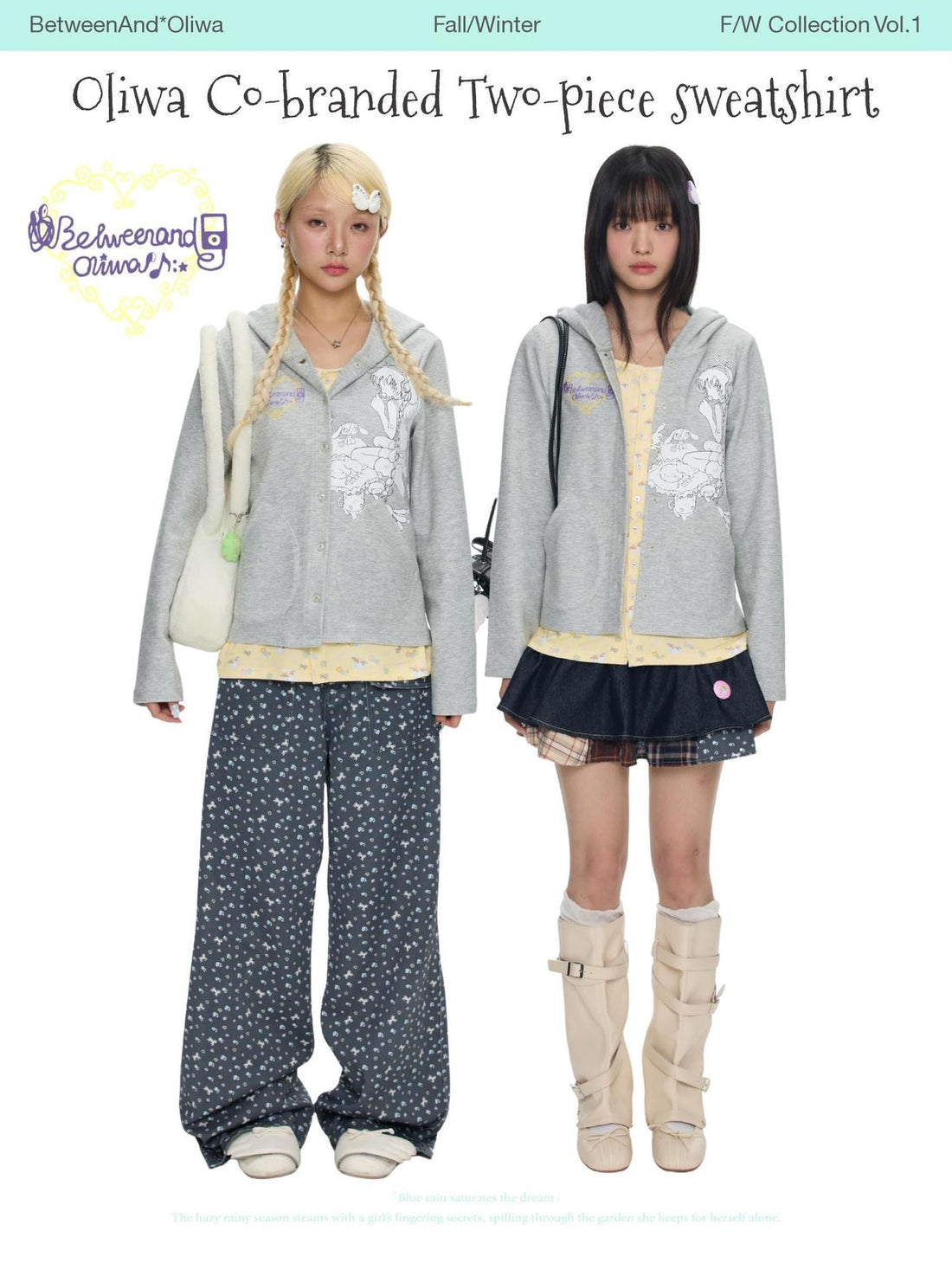 BETWEENAND Gray Faux Two Piece Retro Hooded Women&