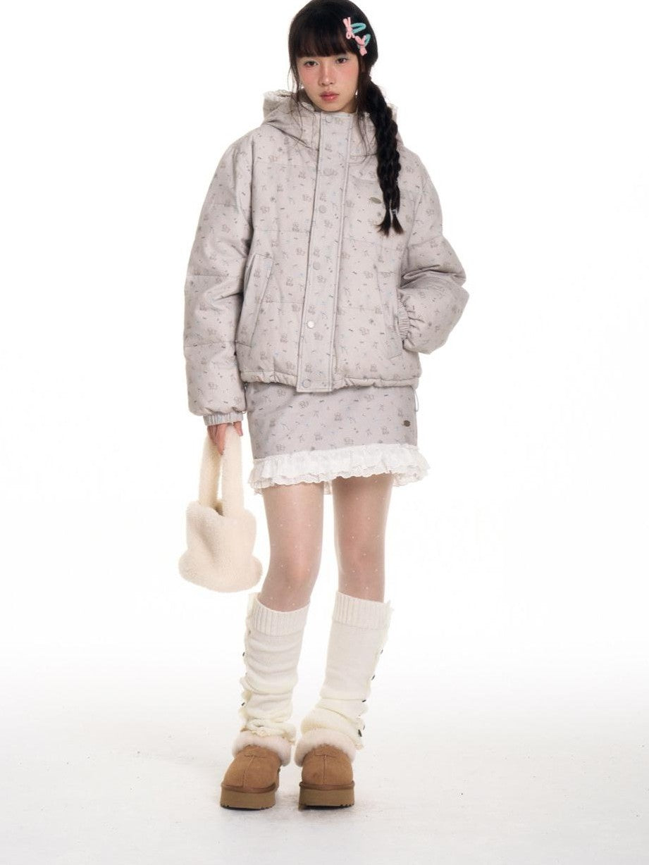 BETWEENAND Gray Full Print Lace Quilted Straight Cut Women&