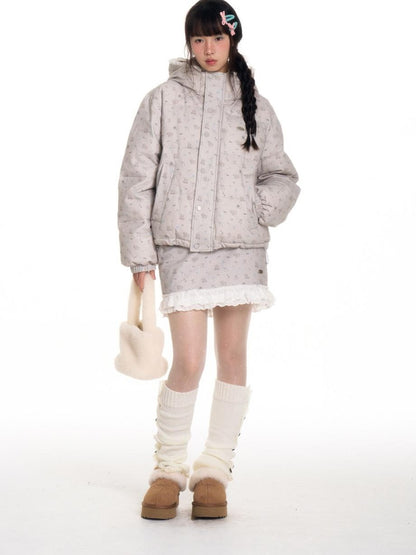 BETWEENAND Gray Full Print Lace Quilted Straight Cut Women&