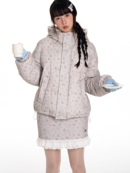 BETWEENAND Gray Full Print Lace Quilted Straight Cut Women&