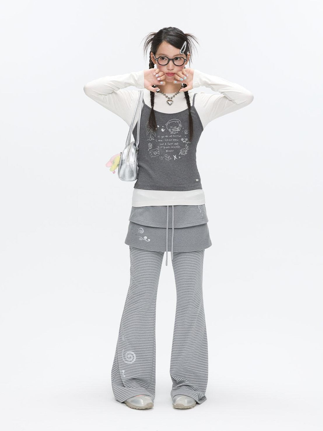 BETWEENAND Gray Glitter Print Faux Two Piece Vest Women&