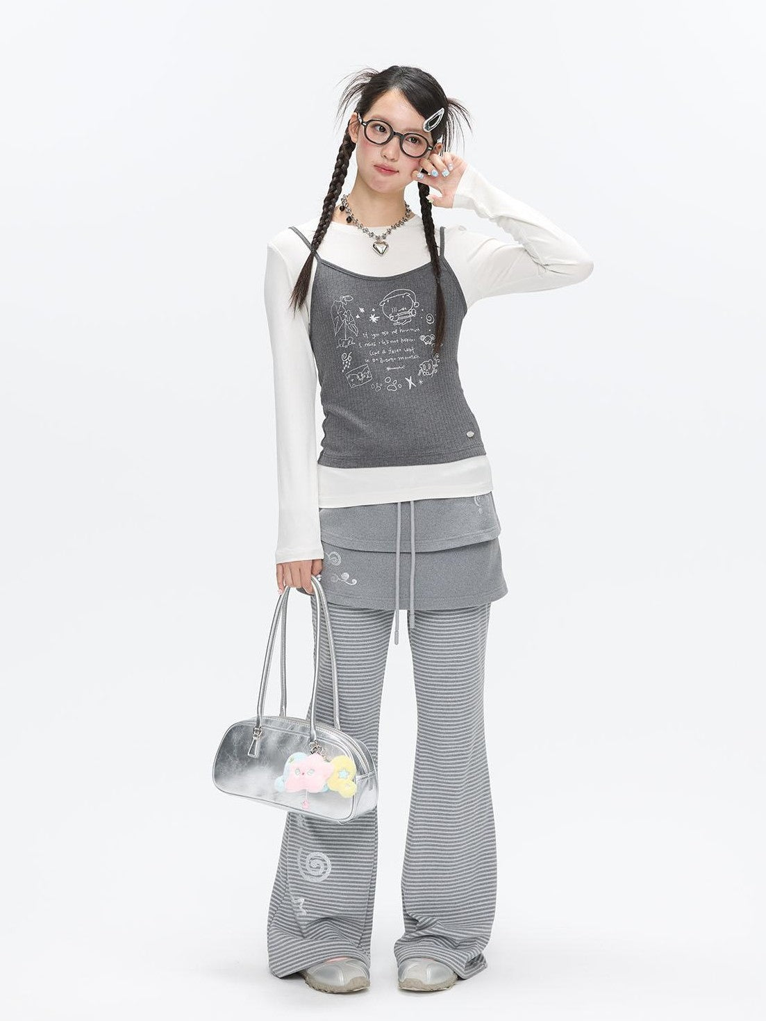 BETWEENAND Gray Glitter Print Faux Two Piece Vest Women&