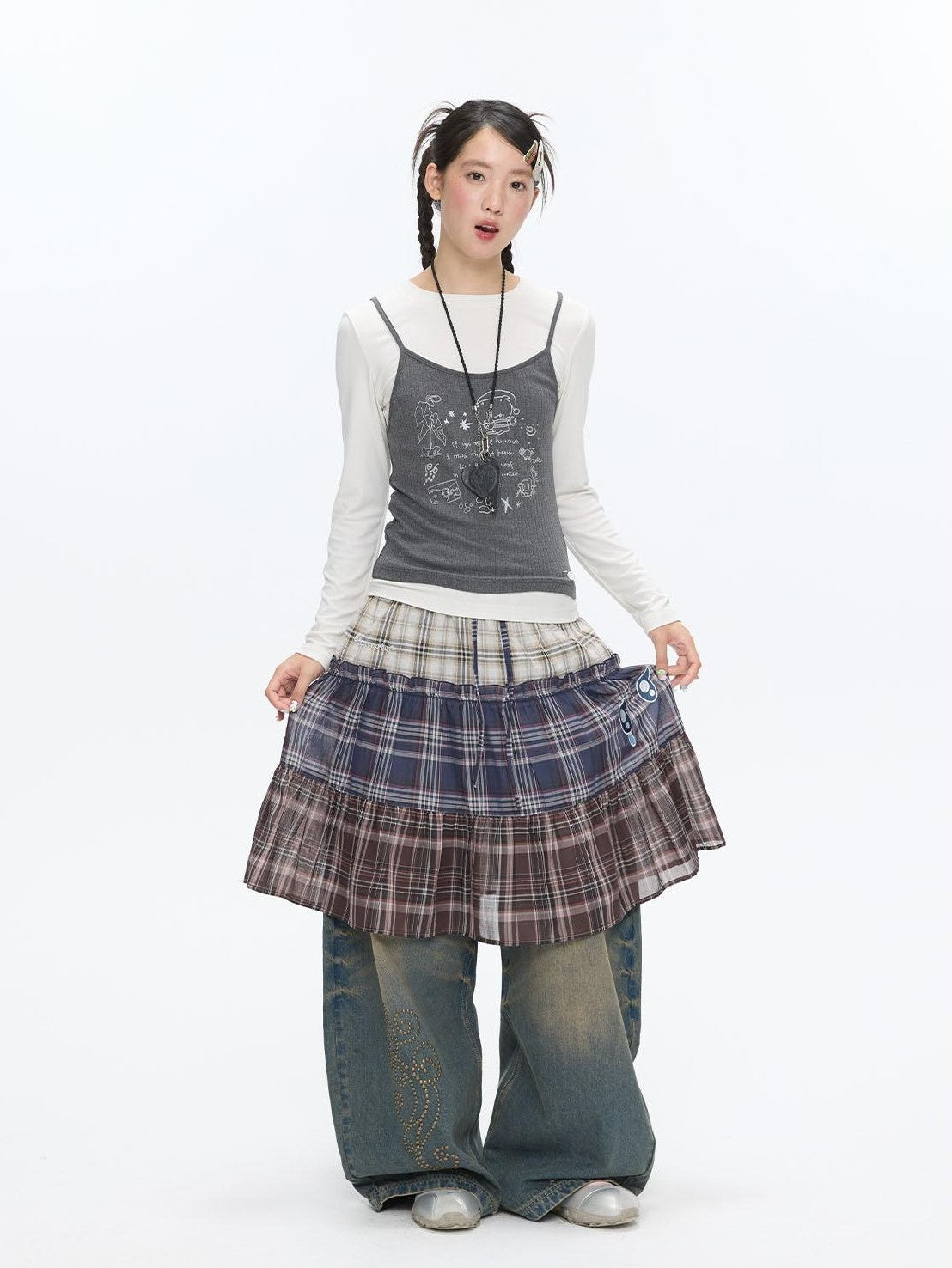 BETWEENAND Gray Glitter Print Faux Two Piece Vest Women&