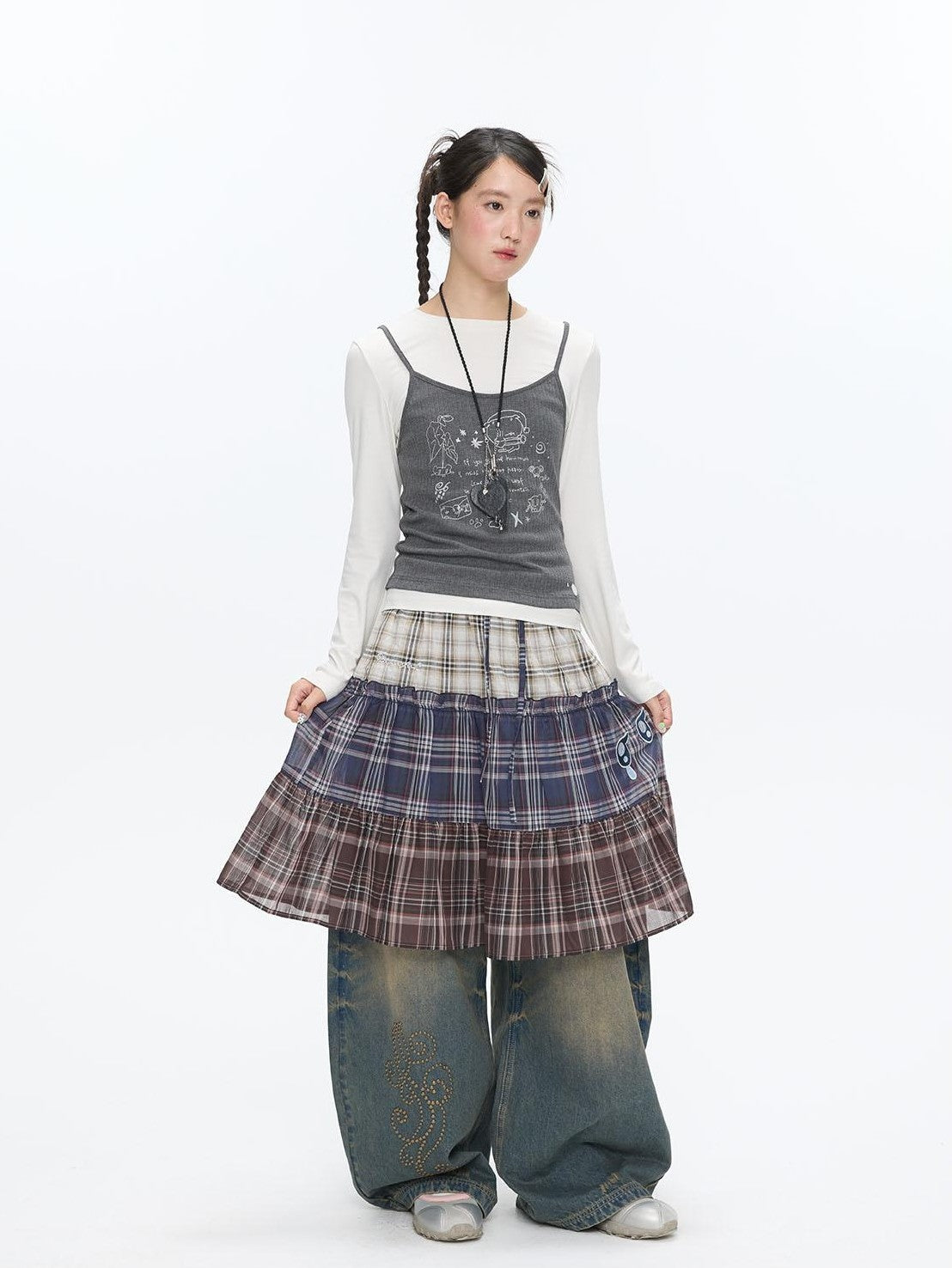 BETWEENAND Gray Glitter Print Faux Two Piece Vest Women&