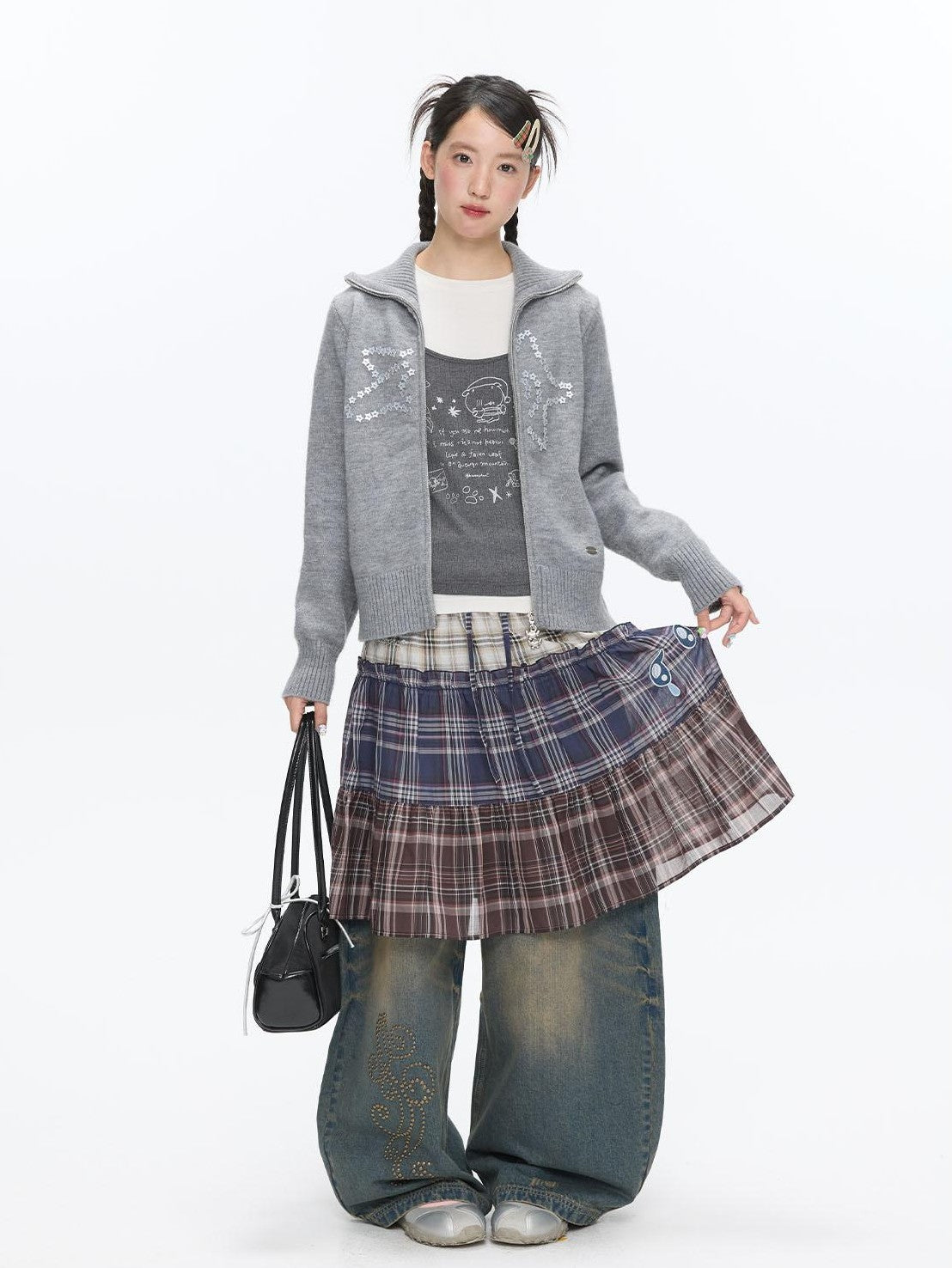 BETWEENAND Gray Glitter Print Faux Two Piece Vest Women&