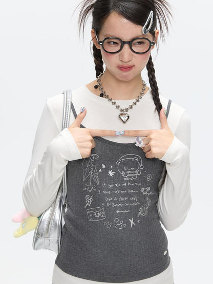 BETWEENAND Gray Glitter Print Faux Two Piece Vest Women&