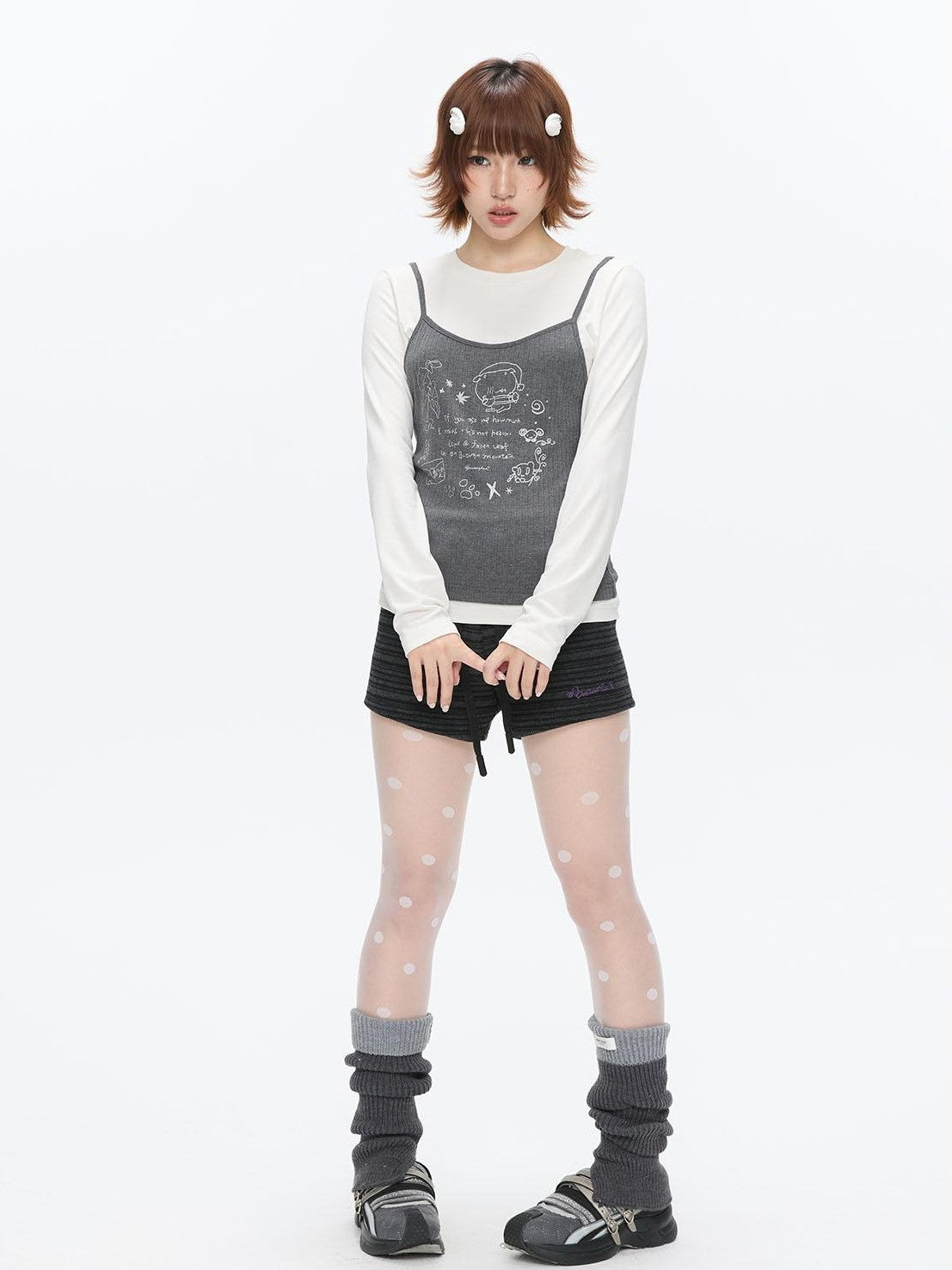 BETWEENAND Gray Glitter Print Faux Two Piece Vest Women&