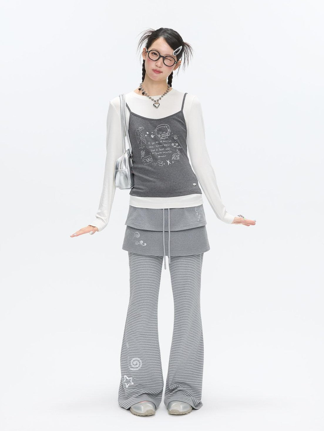 BETWEENAND Gray Glitter Print Faux Two Piece Vest Women&