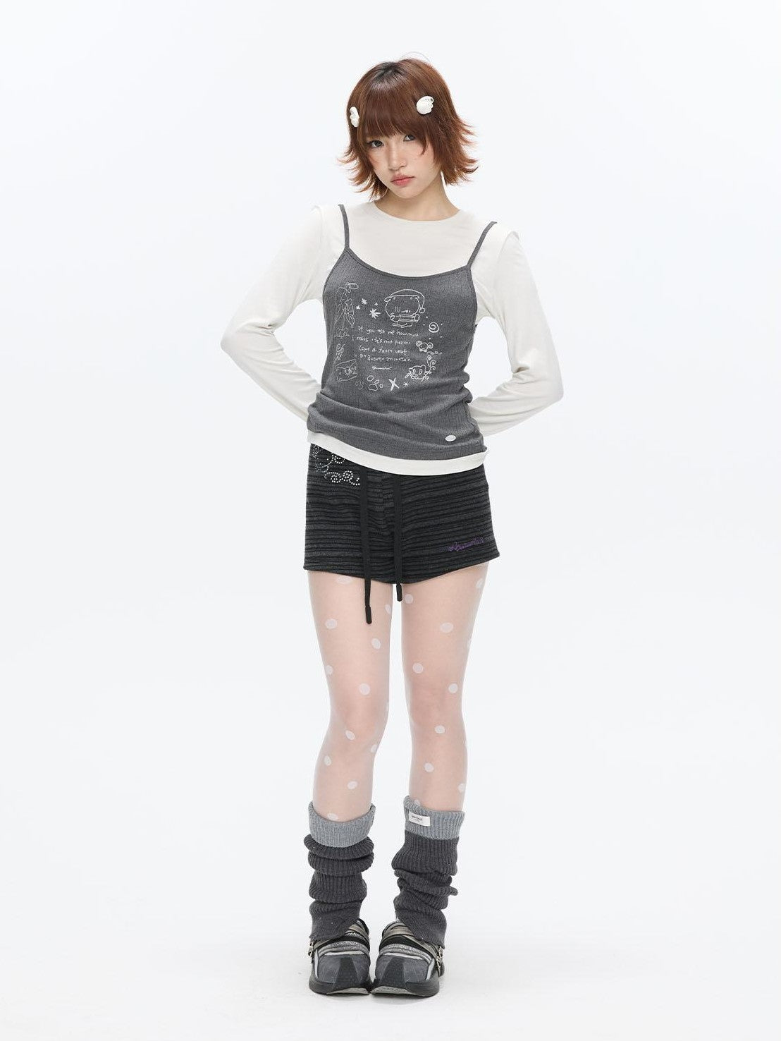 BETWEENAND Gray Glitter Print Faux Two Piece Vest Women&