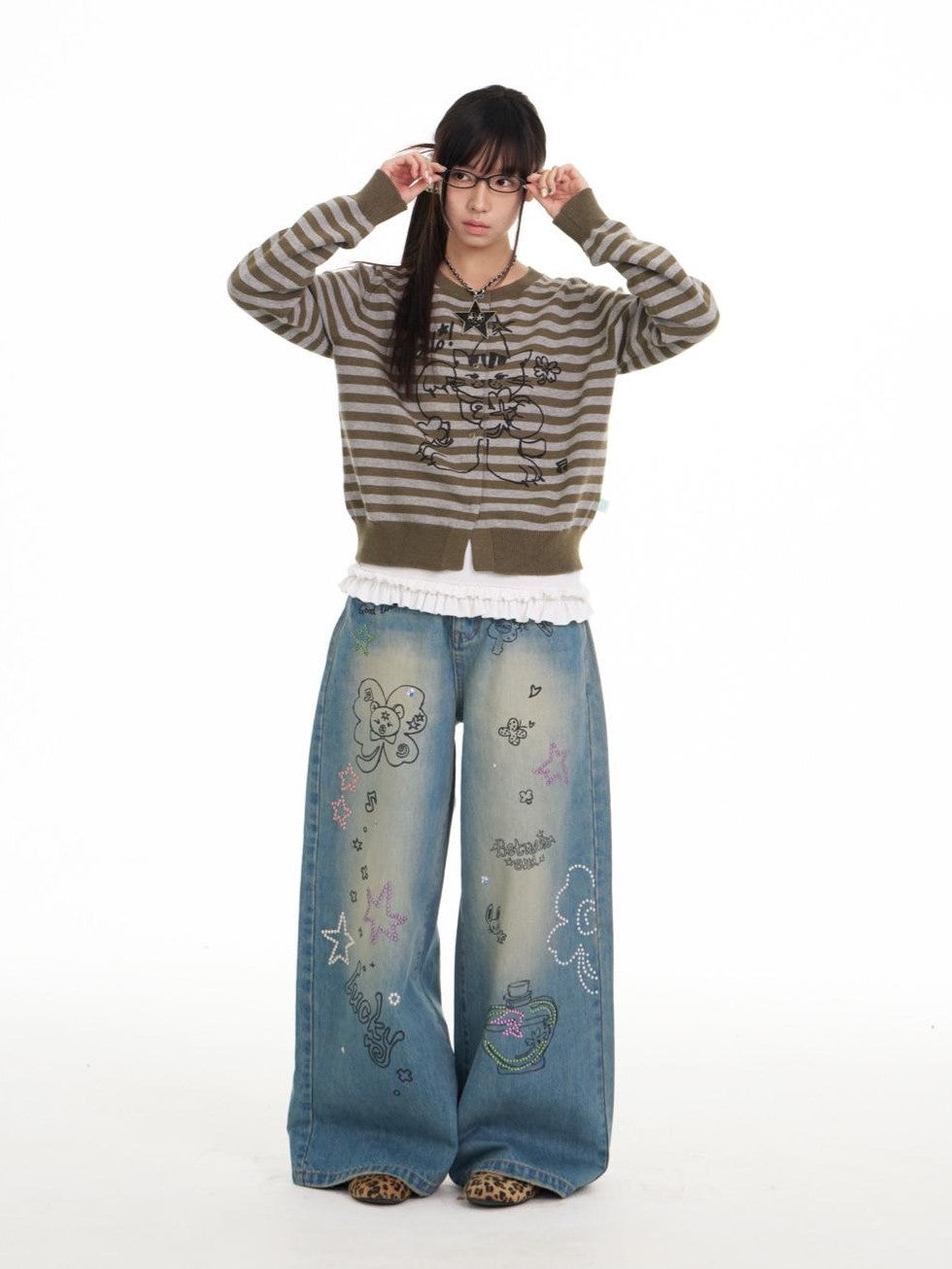 BETWEENAND Gray Green Graffiti Lucky Cat Striped Women&