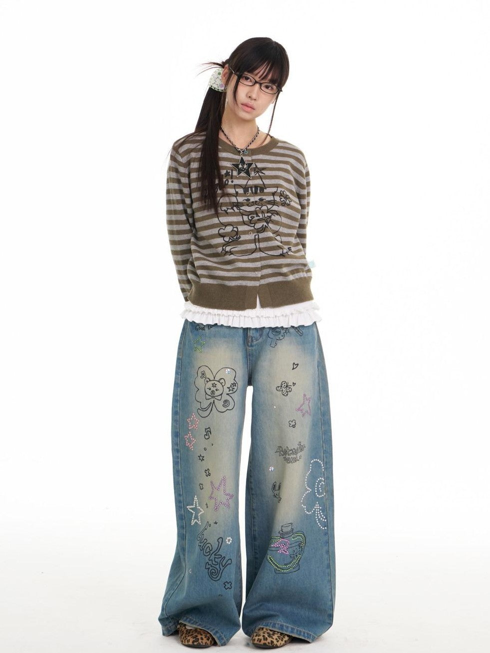 BETWEENAND Gray Green Graffiti Lucky Cat Striped Women&