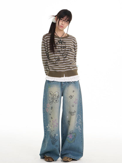 BETWEENAND Gray Green Graffiti Lucky Cat Striped Women&