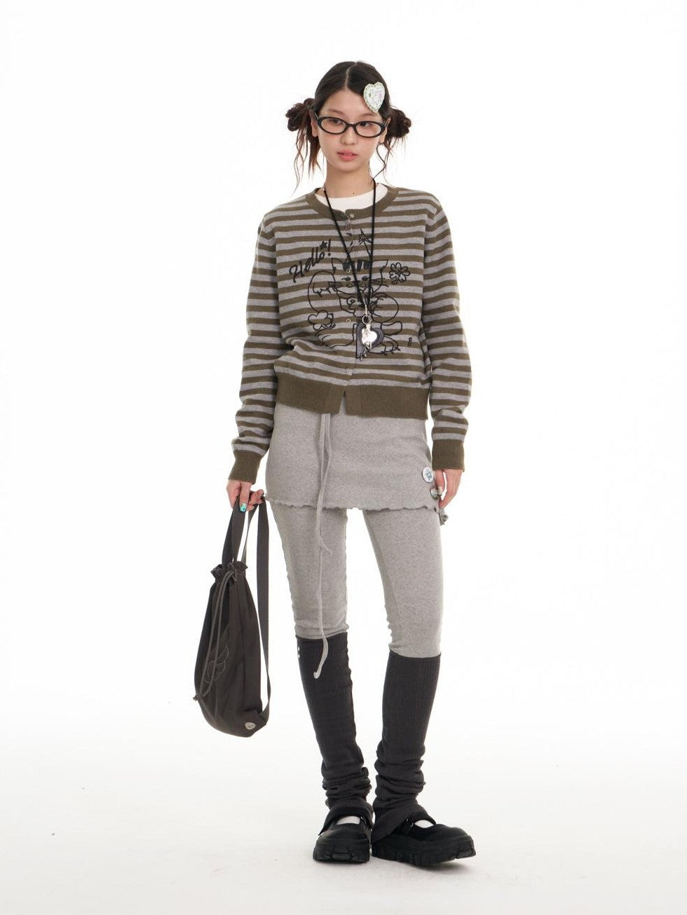 BETWEENAND Gray Green Graffiti Lucky Cat Striped Women&