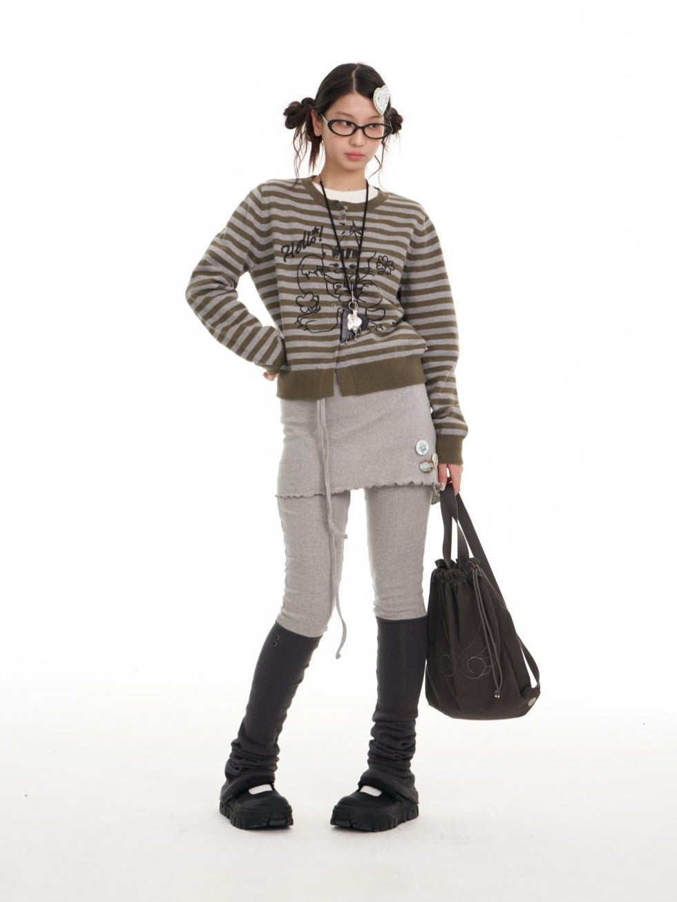 BETWEENAND Gray Green Graffiti Lucky Cat Striped Women&